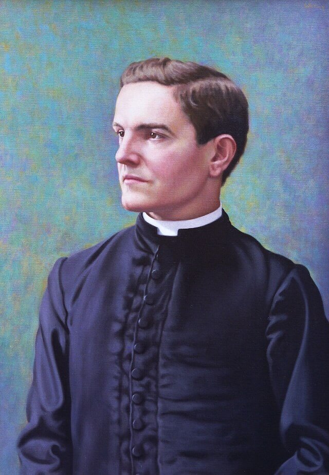 A painting of Father John Mc Givney dressed in black clothing, conveying a solemn and reverent atmosphere.