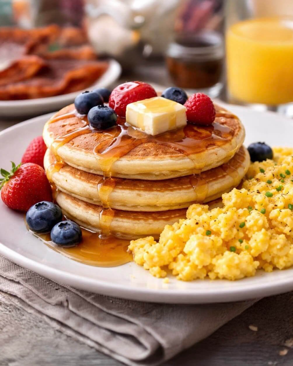 Stack of pancakes with syrup and eggs, orange juice in the background