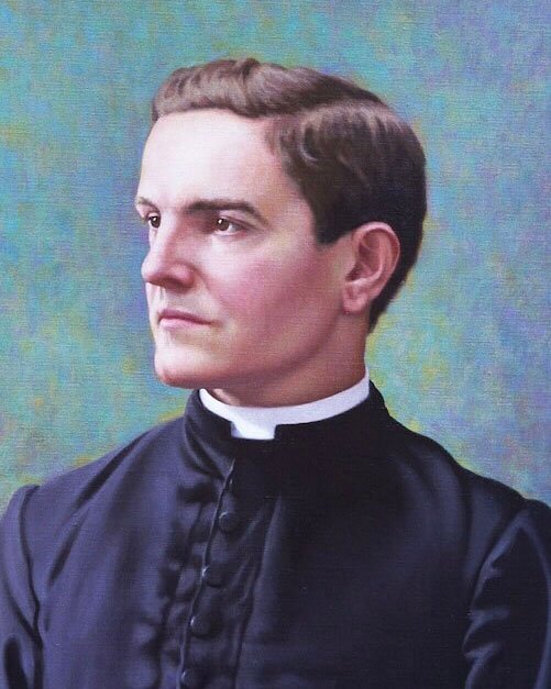 A portrait of Father John Mc Givney dressed in black clothing, conveying a solemn and reverent atmosphere.